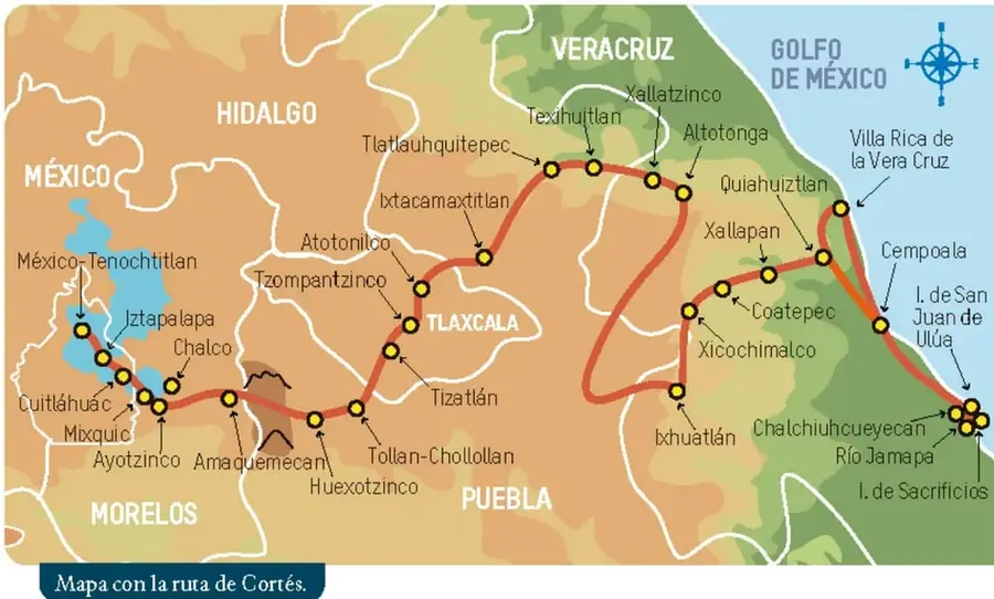 Mapa con la ruta de Cortés desde el Golfo de México hasta México-Tenochtitlan, con nombres de lugares y estados.
