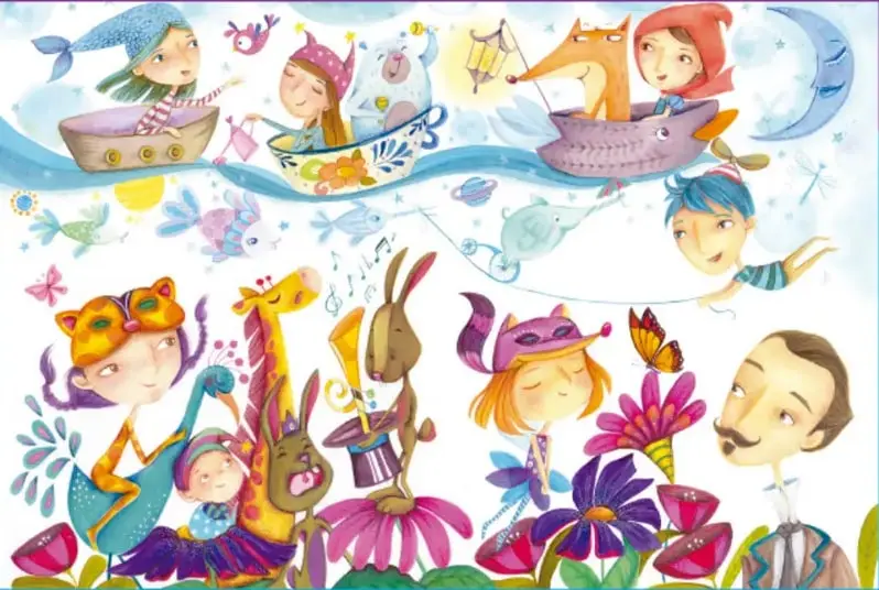 Ilustración colorida de niños con disfraces (gato, zorro, conejo, tritón) navegando en barcas y jugando entre flores, mariposas y estrellas.