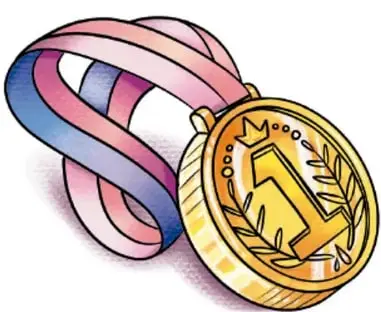 Ilustración de una medalla dorada con listón rosa y azul. Lavinia Cabrera Sandoval, TABASCO.