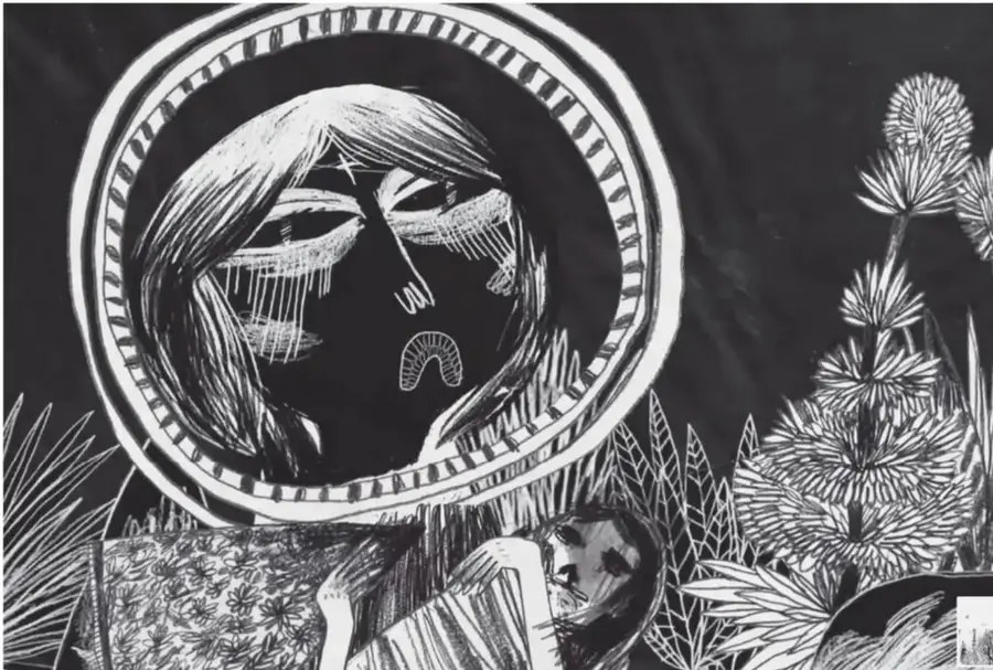 Ilustración en blanco y negro, estilo grabado: una cara enmarcada en un círculo, rodeada de vegetación, junto a un personaje recostado.