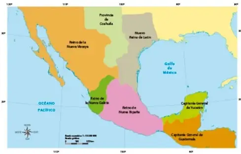 Mapa de la Nueva España que muestra las demarcaciones territoriales: Reino de la Nueva España (centro de México), Reino de Nueva Galicia, Nuevo Reino de León, Nueva Vizcaya, provincia de Coahuila, Capitanía General de Yucatán y Capitanía General de Guatemala, con el Golfo de México y el Océano Pacífico.