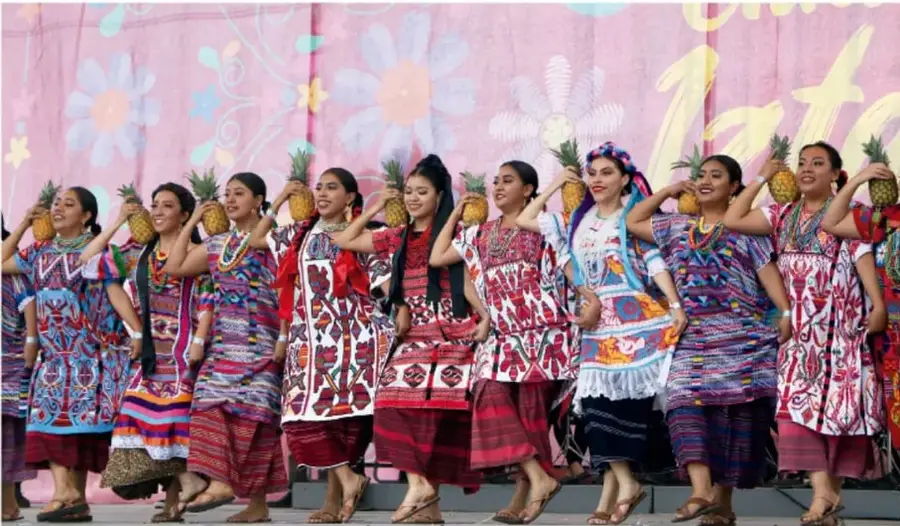 Grupo de niñas y jóvenes con huipiles y faldas bordadas tradicionales, portando piñas, en una presentación o danza folclórica.