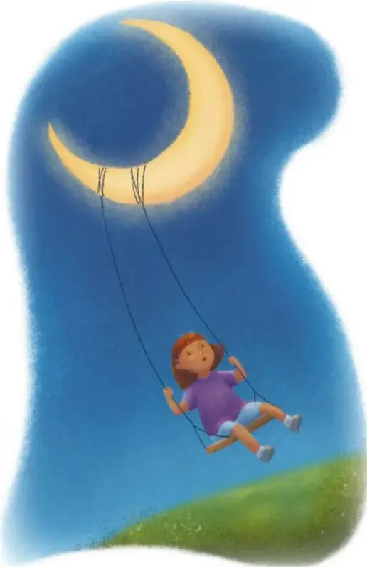 Ilustración nocturna: una luna menguante amarilla en el cielo azul oscuro con una niña sentada en un columpio colgado de la luna, sobre un cerro verde.