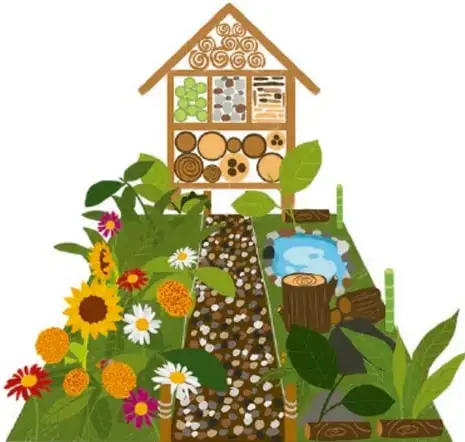 Ilustración de un refugio de insectos con plantas, flores y un pequeño estanque.