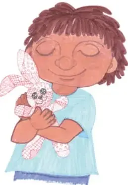 Ilustración de una niña sonriente abrazando un conejito de peluche.