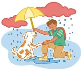 Ilustración de una persona con sombrilla ayudando a un perro bajo la lluvia, junto a una nube.