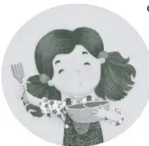 Ilustración de una niña comiendo de un plato, con expresión tranquila.