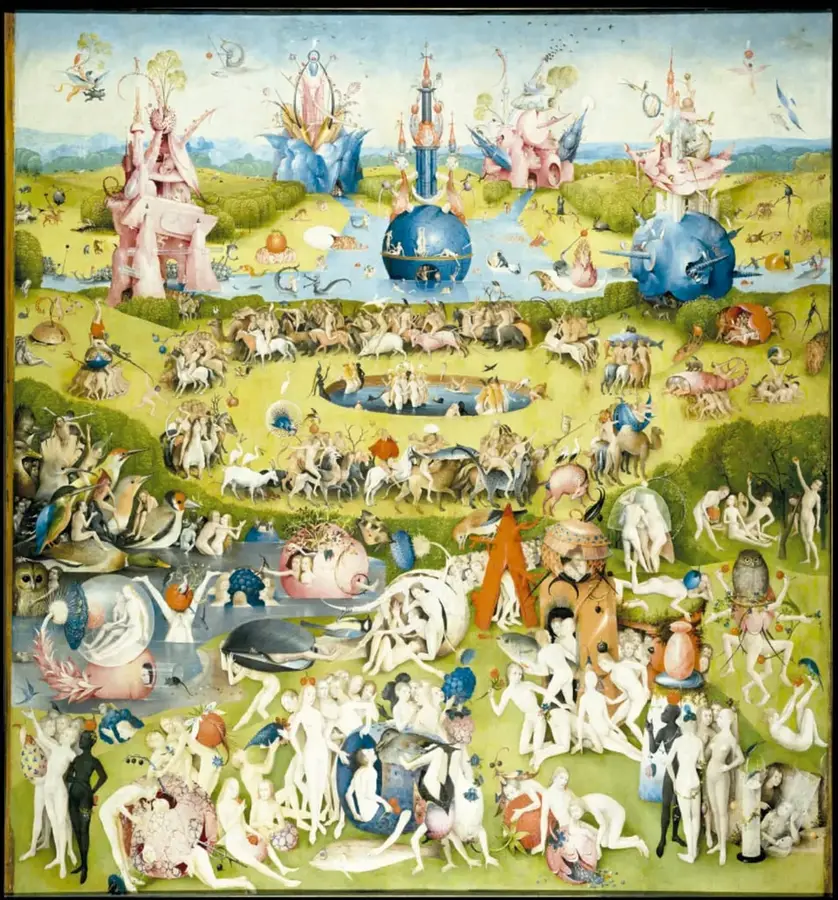 Reproducción del panel central: jardín verde con figuras desnudas, animales gigantes, frutas y construcciones fantásticas.
