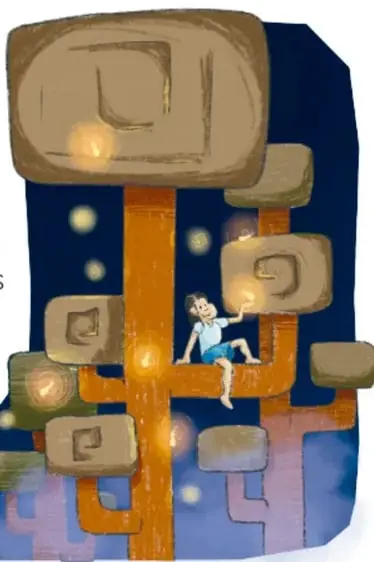 Ilustración de un abuelo sentado en una silla que platica con un niño sentado en el suelo, rodeados de luciérnagas brillantes. Crédito vertical: Gerardo Hernández, Santa Ana Ixtlahuaca, Méx.