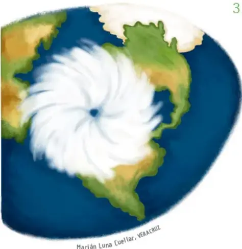 Ilustración de la Tierra con un huracán en espiral sobre el continente americano, crédito a Marián Luna Cuéllar, Veracruz.