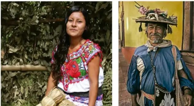 Dos retratos: a la izquierda, una mujer indígena con huipil bordado de colores; a la derecha, un hombre indígena con sombrero adornado y ropa tradicional andina.
