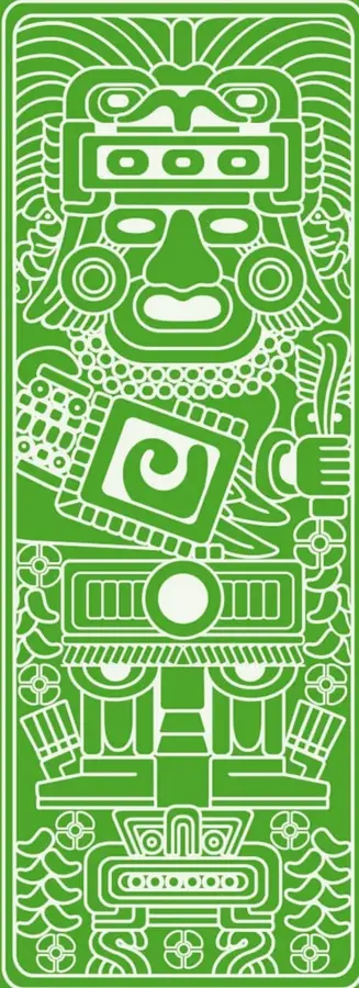 Ilustración decorativa de estilo mesoamericano en blanco sobre fondo verde: una figura antropomorfa con rasgos prehispánicos (máscara, penacho, joyeros) y motivos geométricos, evocando las culturas originarias de México.