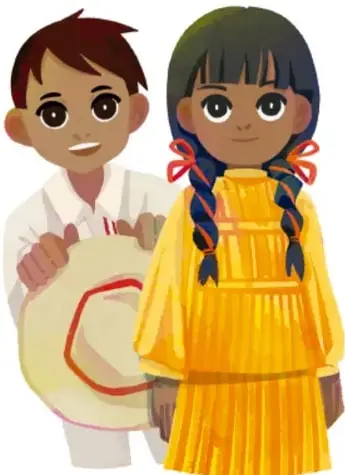 Ilustración de un niño moreno sonriente con ropa tradicional blanca sosteniendo un sombrero y una niña de piel morena con trenzas, listones rojos y vestido amarillo con enaguas.