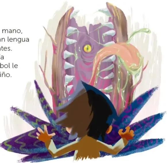 Ilustración de un árbol monstruo con boca llena de dientes, gran lengua rosada y una hoja verde, con un personaje asustado debajo.