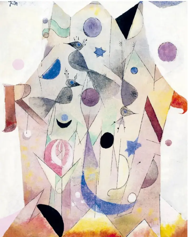 Reproducción de la obra 'Rüstefäres persas' (1917) de Paul Klee: composición abstracta con triángulos, círculos, estrellas y líneas que sugieren rostros y seres imaginarios en tonos pastel.