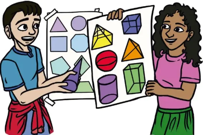 Ilustración de dos estudiantes (niño y niña) sosteniendo carteleras con figuras planas (triángulo, círculo, cuadrado, pentágono, hexágono) y cuerpos geométricos (cubo, esfera, cilindro, cono, pirámide). Crédito: Sanid Amisadai Lirian Huerta, RAI LAURENCIA.