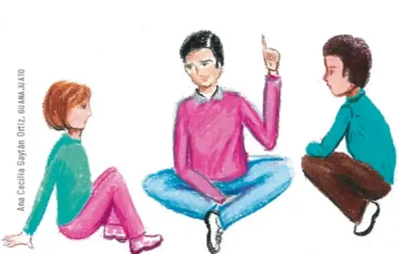 Ilustración de tres estudiantes sentados en el suelo: una niña pelirroja, un niño de suéter rosa levantando la mano y un niño de suéter verde escuchando. Parecen estar en una asamblea o diálogo.