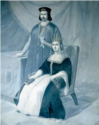 Pintura colonial que representa a los Reyes Católicos, Isabel y Fernando, con corona y manto, como símbolos del poder que autorizó la conquista.