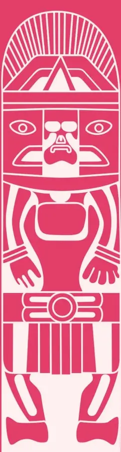 Ilustración estilizada de una figura prehispánica con tocado radiado, rostro con ojos y boca, cuerpo con brazos y piernas, y un cinturón con un círculo central. Está dibujada en blanco sobre fondo rosa.