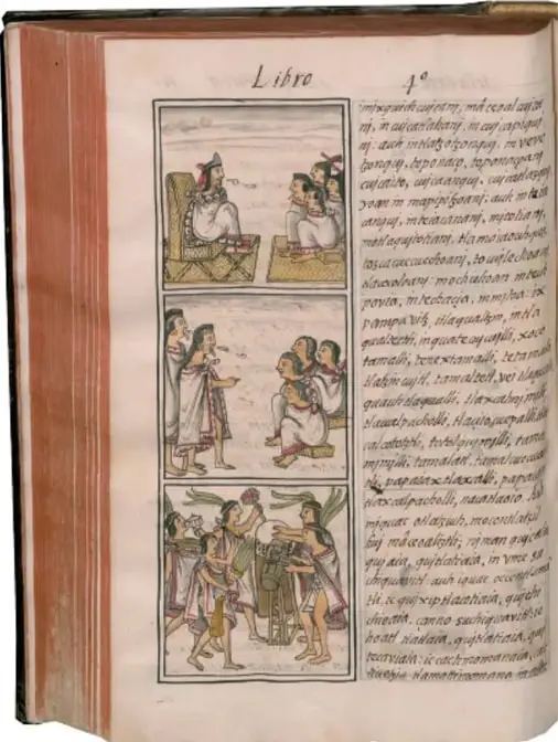 Fotografía de un códice antiguo (posiblemente el Códice Florentino o libro pictográfico indígena) con página abierta que muestra tres registros de figuras humanas dibujadas y pintadas a mano, con textos en escritura antigua al margen; encabezado que dice "Libro" y "A°".