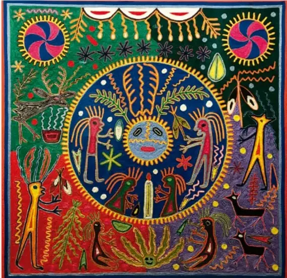 Ilustración de arte indígena con figuras humanas, aves, soles y plantas en círculos concéntricos sobre fondo azul, verde y rojo; representa probablemente una cosmogonía o visión simbólica del universo.