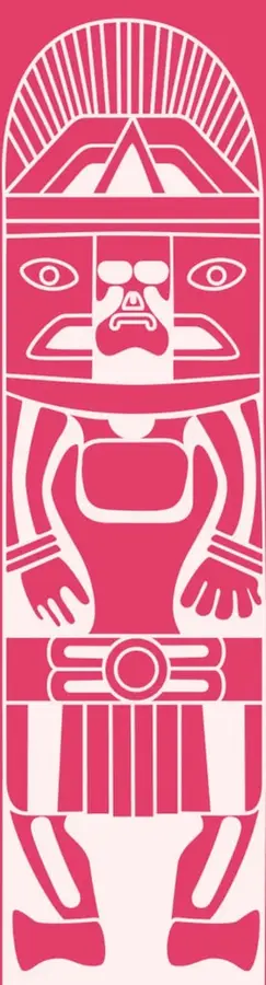 Ilustración estilo pictograma prehispánico de una figura humana simétrica con tocado radiante, rasgos faciales y ornamentos, en tonos rosa y blanco.