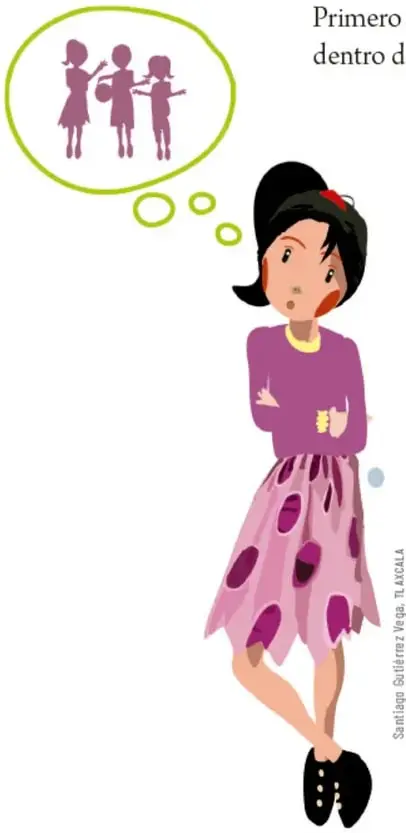 Ilustración de una niña pensativa con globo de pensamiento donde aparecen tres siluetas de niñas trabajando juntas.