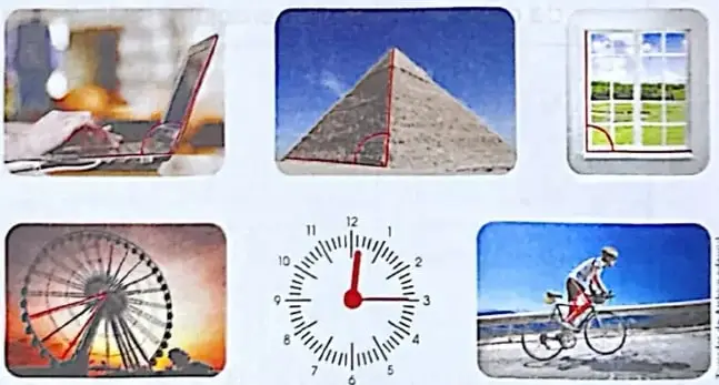 Collage de objetos cotidianos y construcciones donde pueden observarse ángulos: una computadora portátil, una pirámide, una ventana, una rueda, un reloj y una bicicleta.