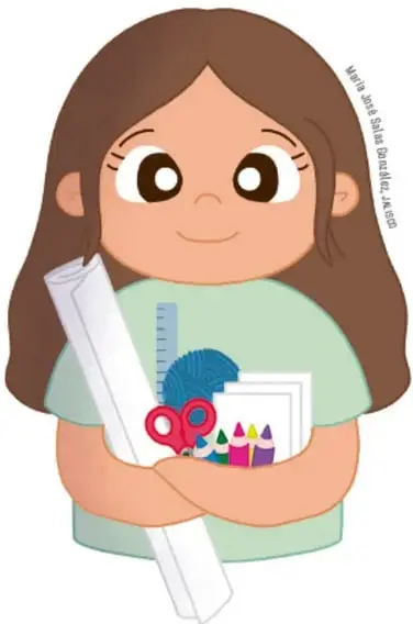 Niña sosteniendo un rollo de papel y materiales escolares como tijeras, regla y lápices de colores.
