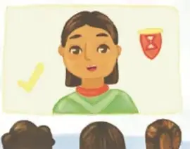Ilustración de una niña con playera verde y una insignia, frente a una audiencia; representa la exposición del proyecto.
