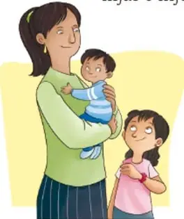 Ilustración de una madre cargando un bebé y junto a ella una niña sonriente, representando expresiones afectivas familiares.
