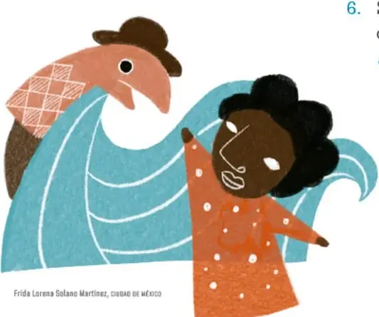 Ilustración de una mujer con vestido naranja y un títere de ave con sombrero, sobre un fondo azul con líneas onduladas.