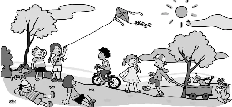 Escena de parque: niña volando un volantín, niño pedaleando una bicicleta, niña saltando, niño tirando un carrito con un bebé dentro, personas descansando bajo los árboles, perro y sol.