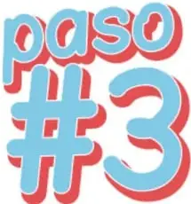 Título decorativo en azul y rojo 'paso #3'.