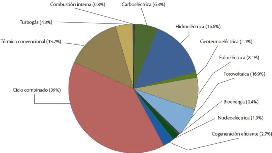 Diagrama circular (pastel) con 12 sectores que muestran la participación porcentual de cada tecnología de generación de energía eléctrica, con etiquetas que conectan por líneas a cada sector.