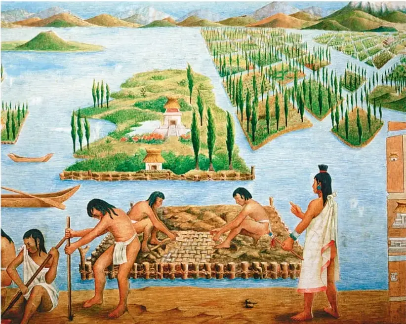 Ilustración de chinampas en un lago: se observan islas artificiales con cultivos, árboles, canoas y personas trabajando la tierra; al fondo, montañas y un templo.