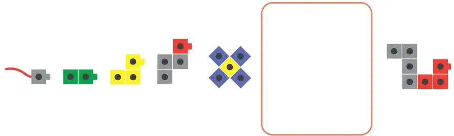 Secuencia de siete figuras formadas con cuadrados de colores (gris, verde, amarillo, azul y rojo); la sexta está reemplazada por un recuadro vacío.