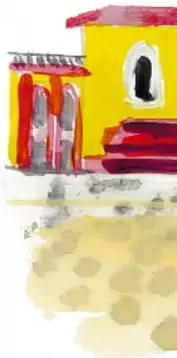 Fragmento de otra acuarela con una fachada amarilla de estilo colonial.