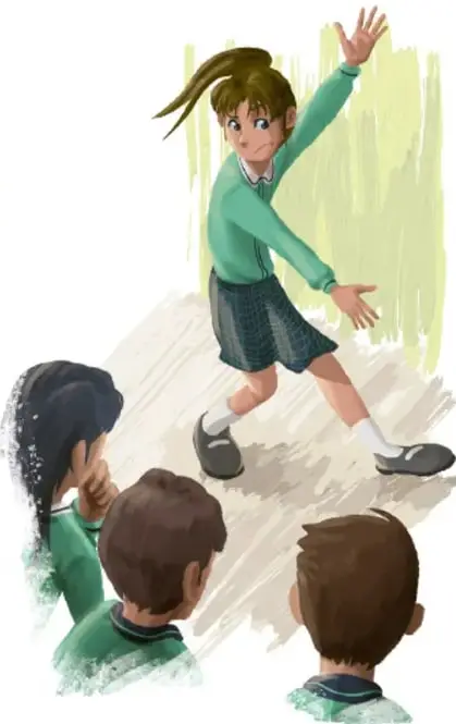 Ilustración de una niña con uniforme escolar representando una emoción con los brazos abiertos, observada por tres compañeros sentados.