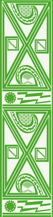 Ilustración geométrica verde con motivos mesoamericanos: triángulos entrelazados formando aspas, escalinatas piramidales, círculos tipo sol y rayos en zigzag, símbolos de herencia indígena.