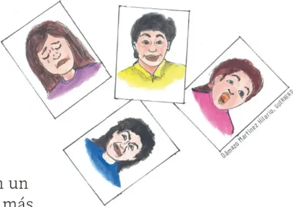 Cuatro retratos enmarcados e inclinados: mujer llorando (triste), hombre sonriente de camisa amarilla (feliz), mujer gritando o sorprendida de blusa rosa (enojada) y persona preocupada de playera azul (asustada). Crédito: Dámaraz Martínez Hilario, Guerrero.