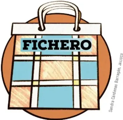 Ilustración de un fichero o carpeta con la palabra FICHERO, con diseño de cuadrícula azul y naranja y asas.
