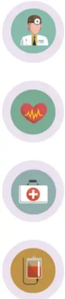 Cuatro círculos con iconos: médico con estetoscopio (I), corazón con línea de electrocardiograma (II), botiquín de primeros auxilios con cruz roja (III) y bolsa de sangre (IV).