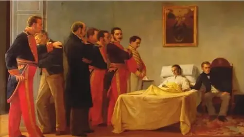 Retrato de Francisco de Paula Santander, acompañado de un texto sobre su intención de eliminar los vestigios del régimen colonial.