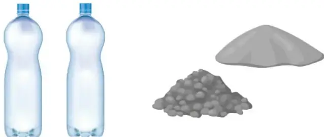 Dos botellas PET transparentes vacías con tapa azul, uno de los materiales del experimento.