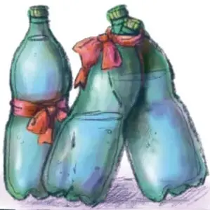 Tres imágenes de arte-objeto: una figura hecha con palillos y dedos, un tren construido con libros sobre una base, y una figura floral con llaveros, argollas y tapas.