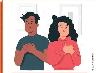 Pareja (hombre y mujer) con la mano en el pecho, expresando honestidad.