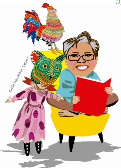 Ilustracion de una abuela con lentes leyendo un libro rojo en un amaciento amarillo, acompanada por un nino con mascara de felino y un gallo colorido de peluche (credito: Rubia Vega Rubio, Tlacolula).