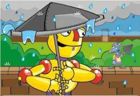 Beep bajo la lluvia con paraguas, texto 'Now, where's Robby?'