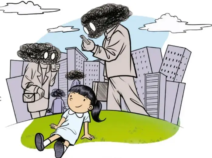 Niña sentada en el césped mirando el cielo; alrededor, ejecutivos apurados con la cabeza dibujada como nube de borrones, entre edificios; uno consulta su celular.